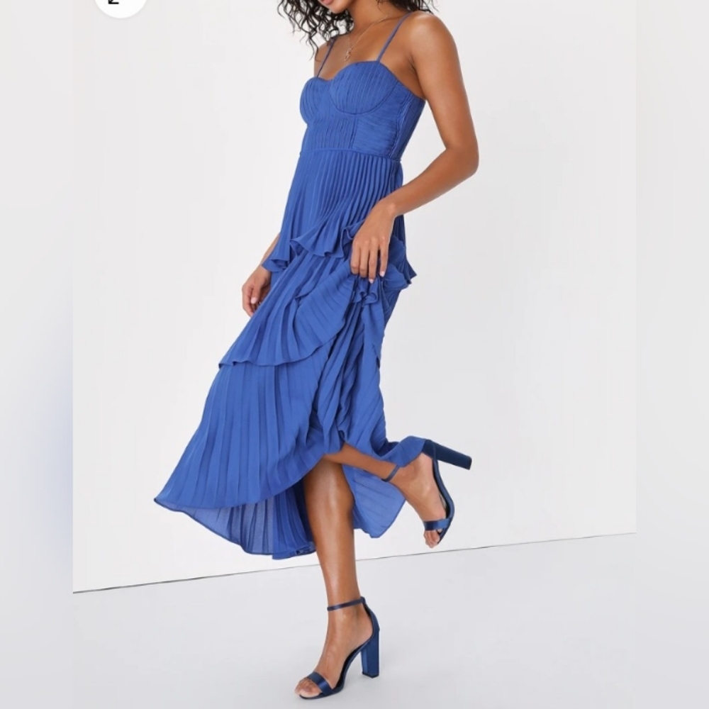 Lulus Cascading Crush Cobalt Blue Tiered Bustier Midi Dress Size M